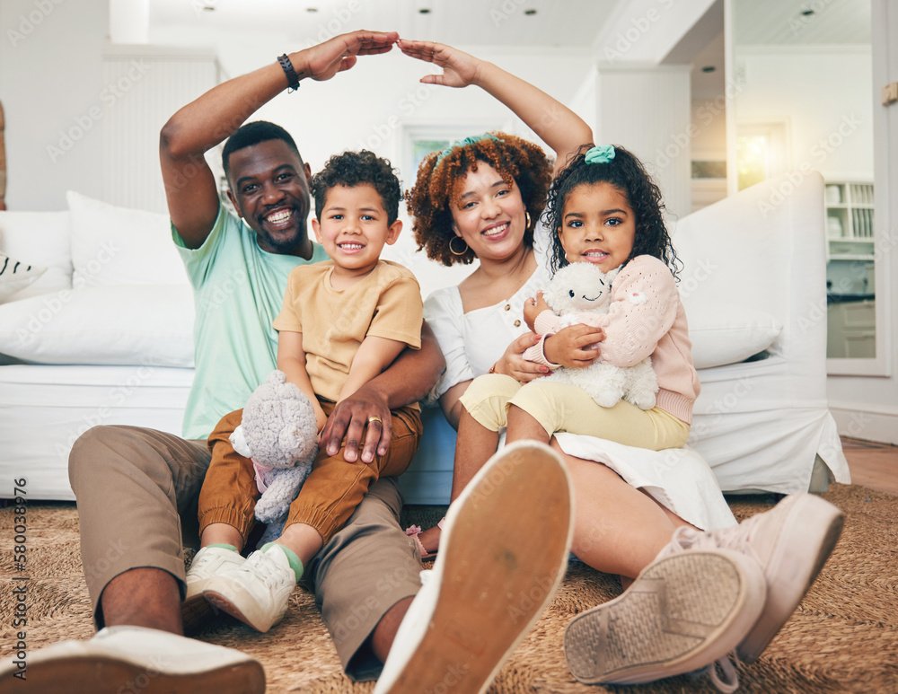 Family, security and insurance with parents and children in portrait, hands together for roof with shelter and safety. Black man, woman and kids, together and love with care, cover for home and life