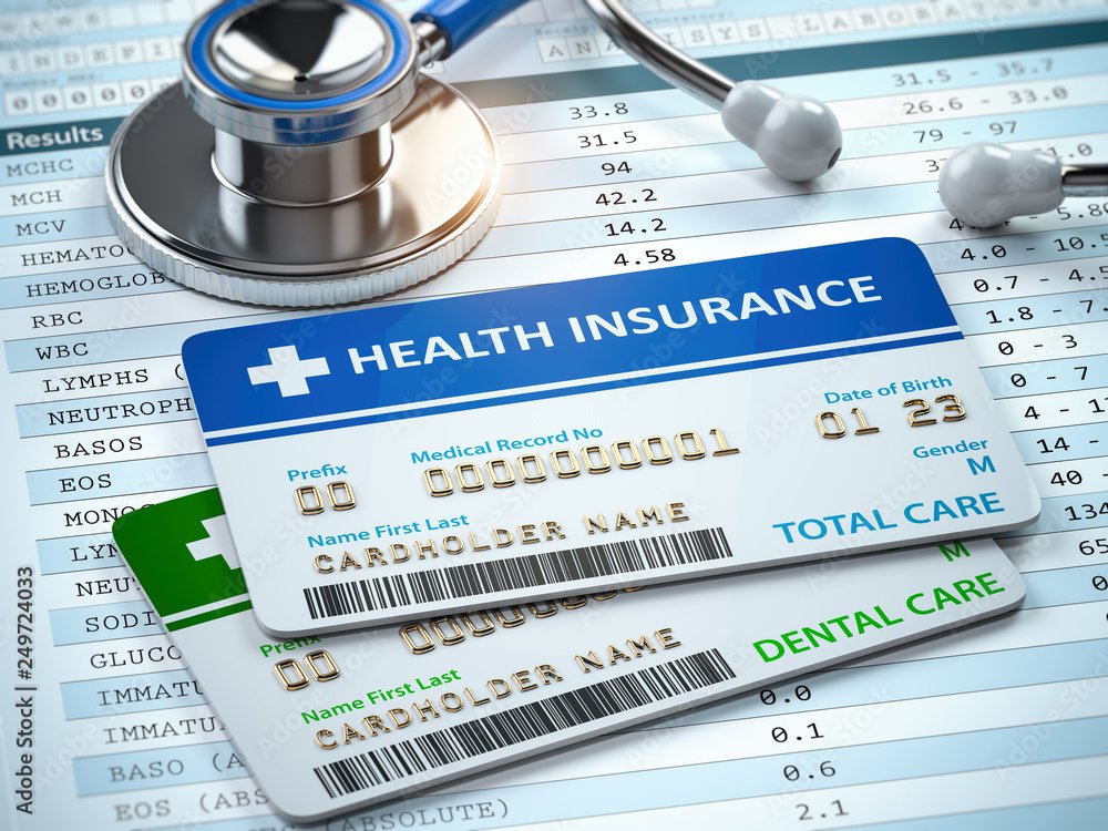 Health Insurance cards total and dental care with stethscope.