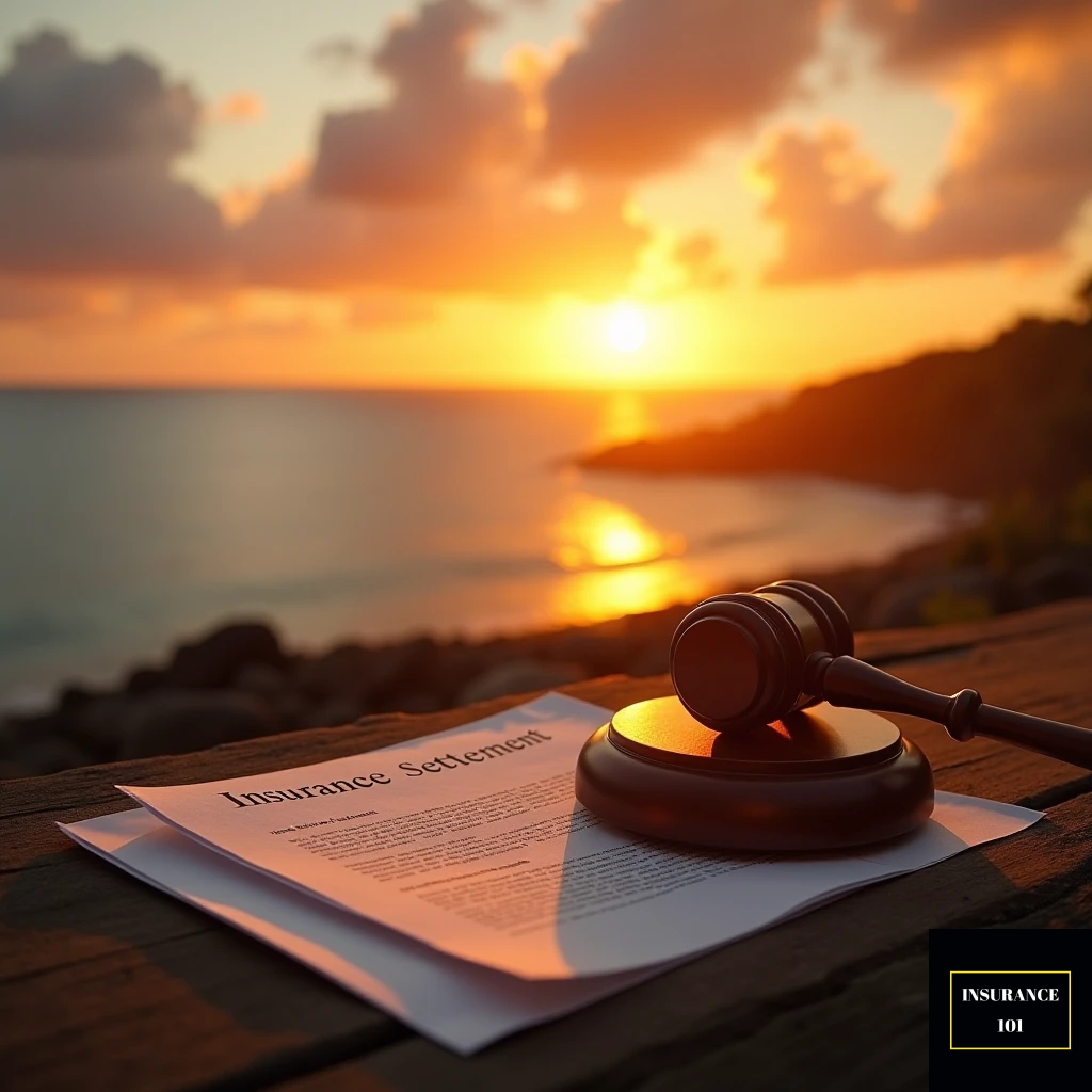 A wide-angle sunset scene on the coast of Maui showing faint lingering smoke from a recent wildfire. In the foreground, place a wooden judge’s gavel and partially singed legal documents labeled “Insurance Settlement.” The sky should have warm, golden hues reflecting on the water to symbolize hope and renewal. The overall mood is a blend of Hawaii’s natural beauty and the gravity of a court decision, with a sense of resilience and justice.